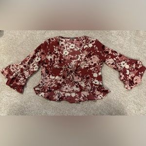 Floral Ruffle Sleeve Tie Front Blouse - Size Medium